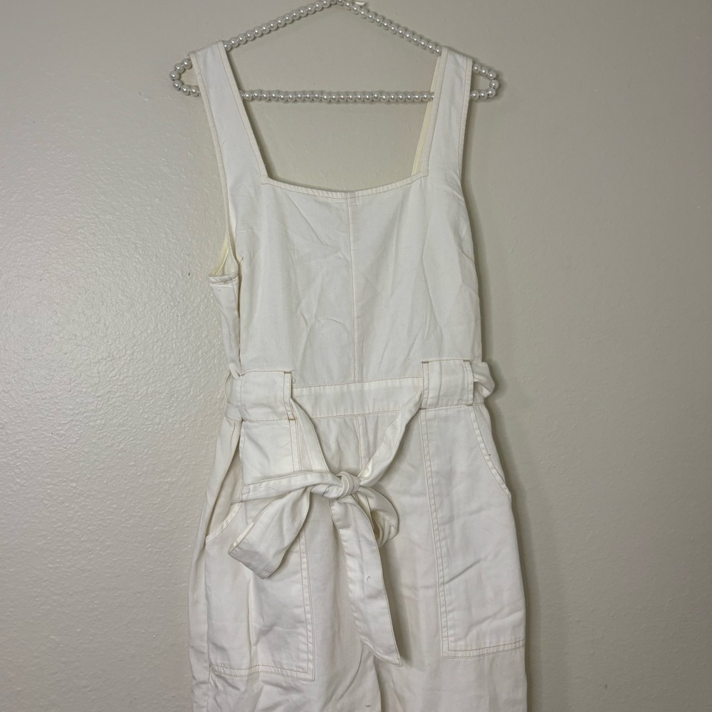 American Eagle Women White Denim Strappy Tie Belt Jumpsuit - Picture 8 of 9